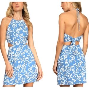 NWT Lulus Mini Dress Halter Sash Tie Open Back Floral Summers In Seville Blue S